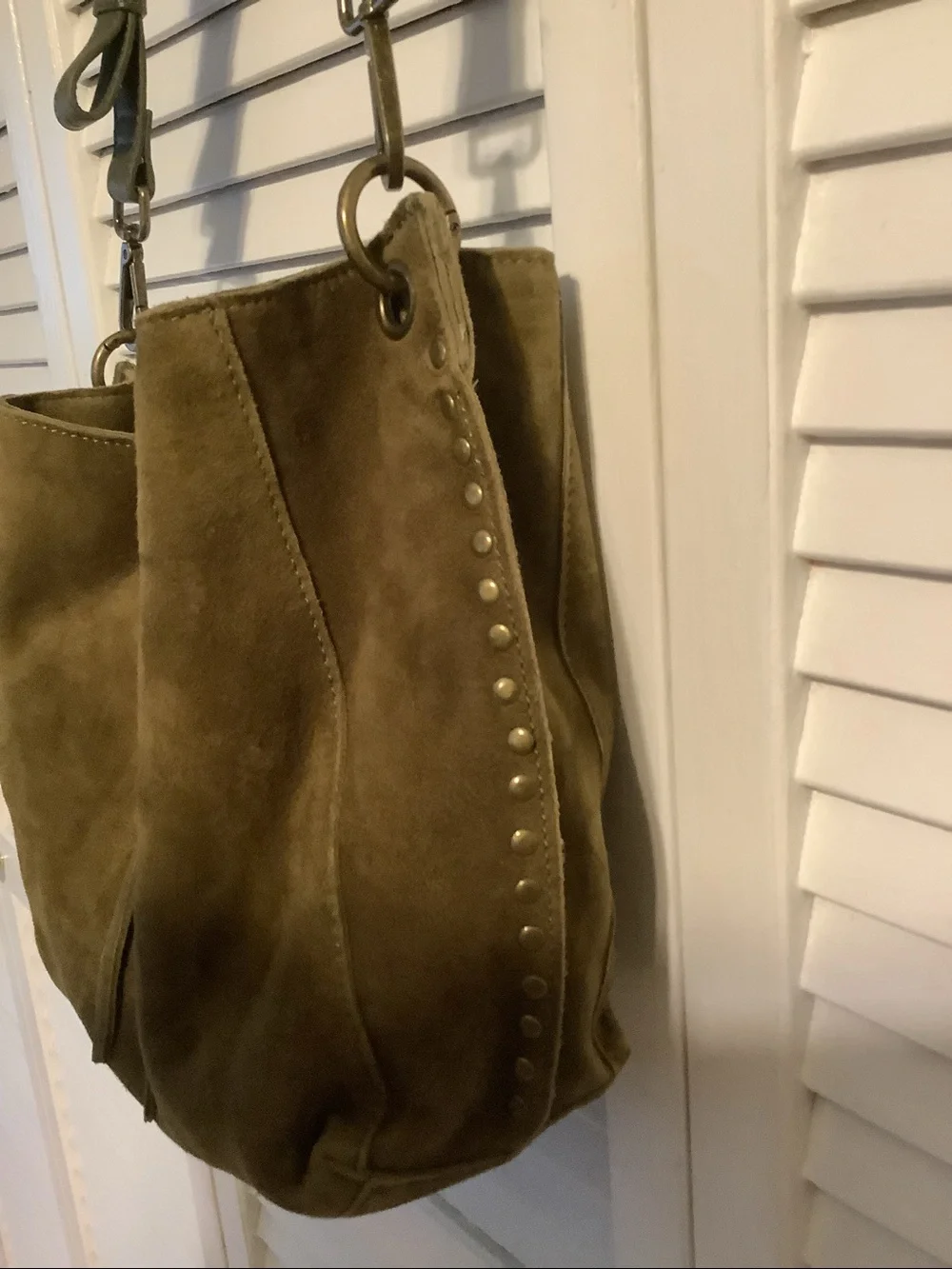 EUC! Suede olive green satchel with gold grommets